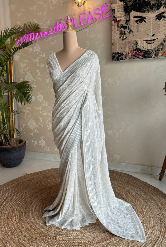 Dyeable Pure Georgette Chikankari Saree and Blouse