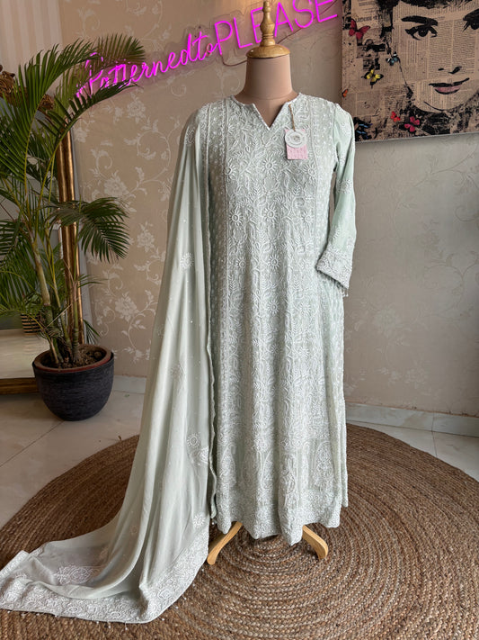 Sage Green Pure Georgette Chikankari Anarkali Kurta and Dupatta