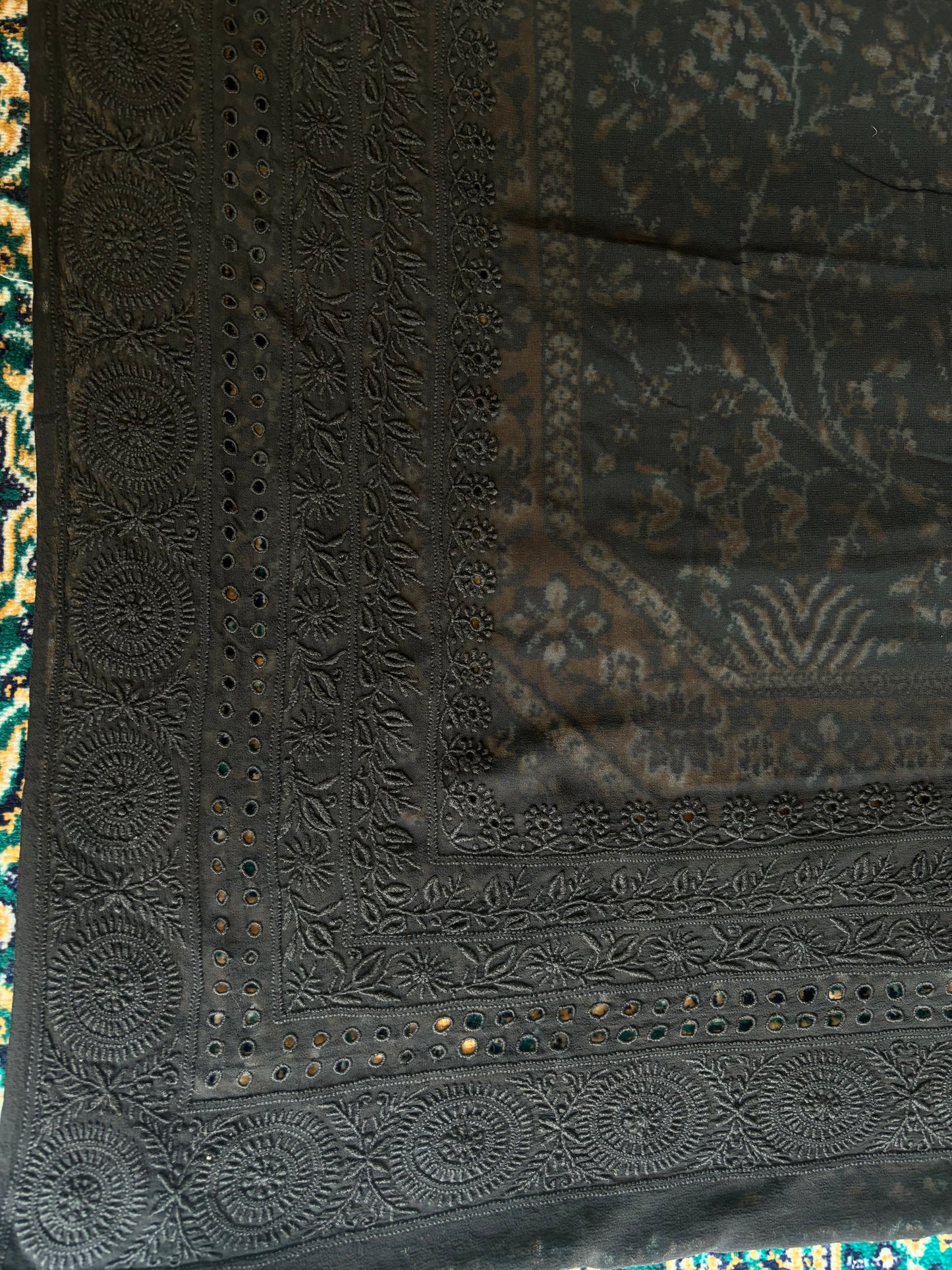 Black Pure Georgette Chikankari Saree and Blouse