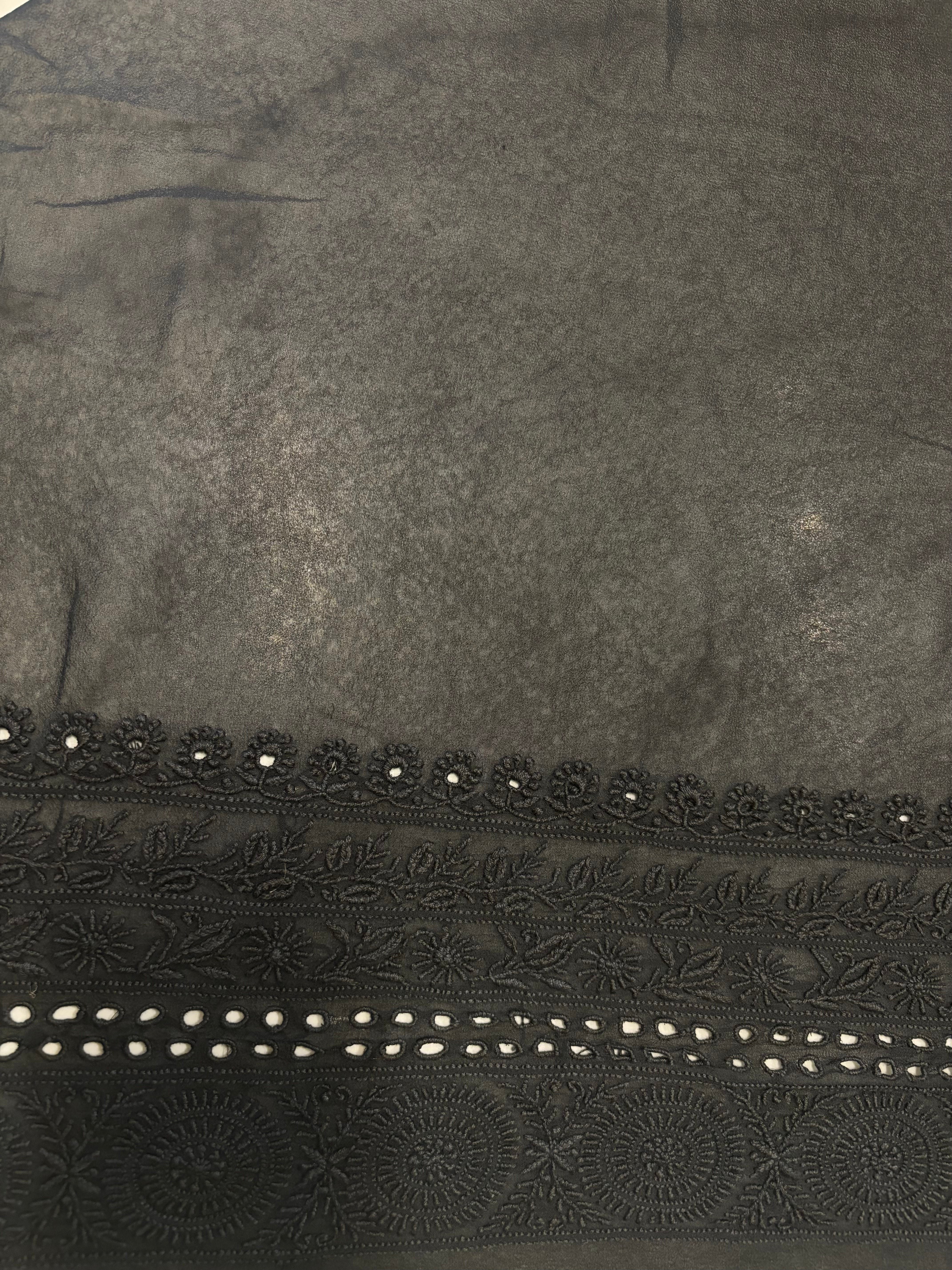 Black Pure Georgette Chikankari Saree and Blouse