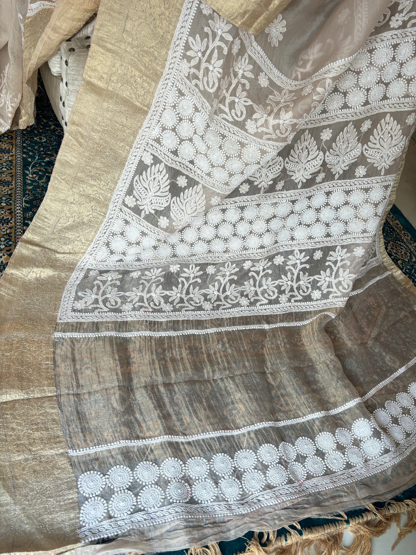 Latte Organza Silk Chikankari Saree and Blouse