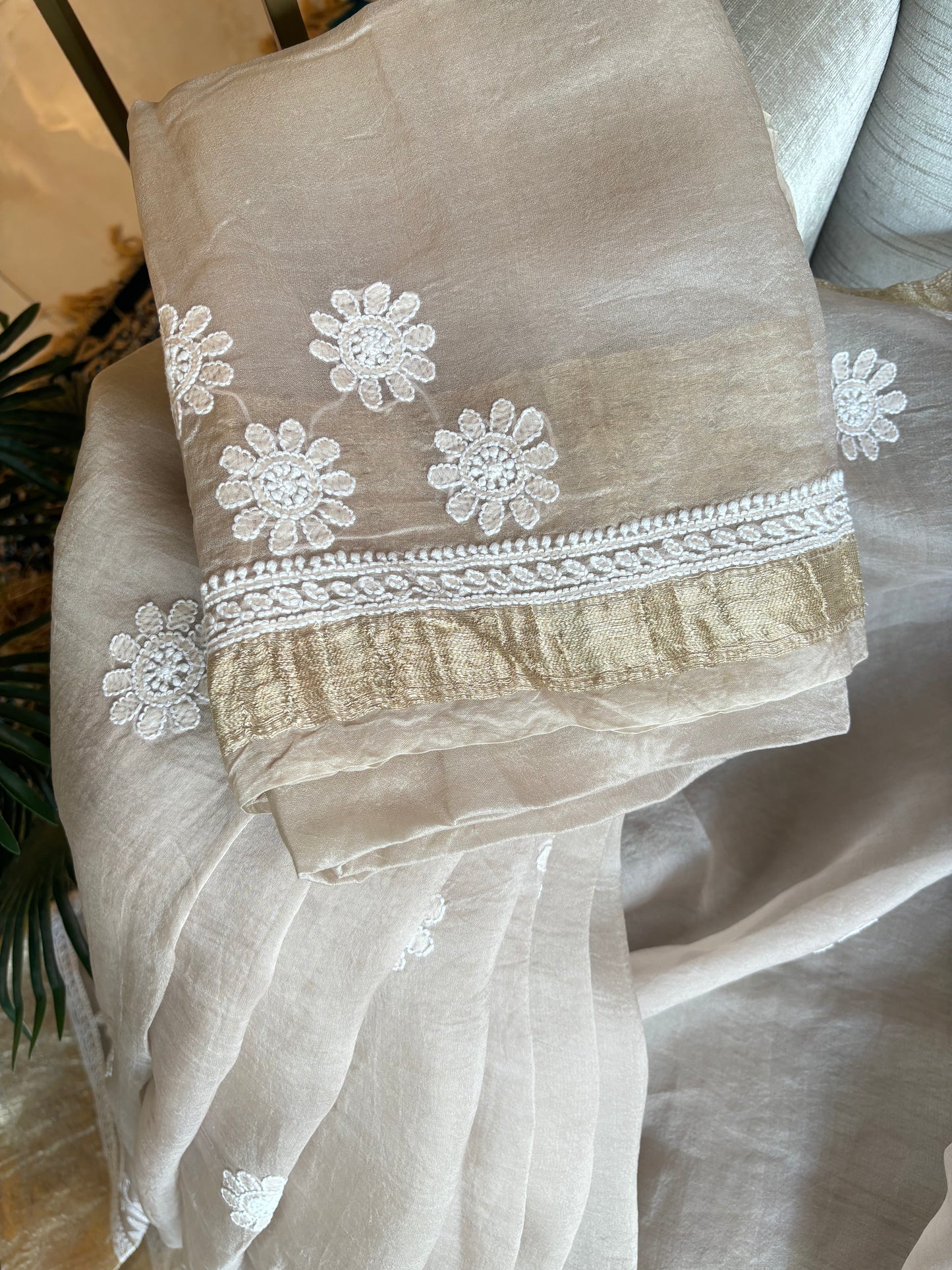 Latte Organza Silk Chikankari Saree and Blouse