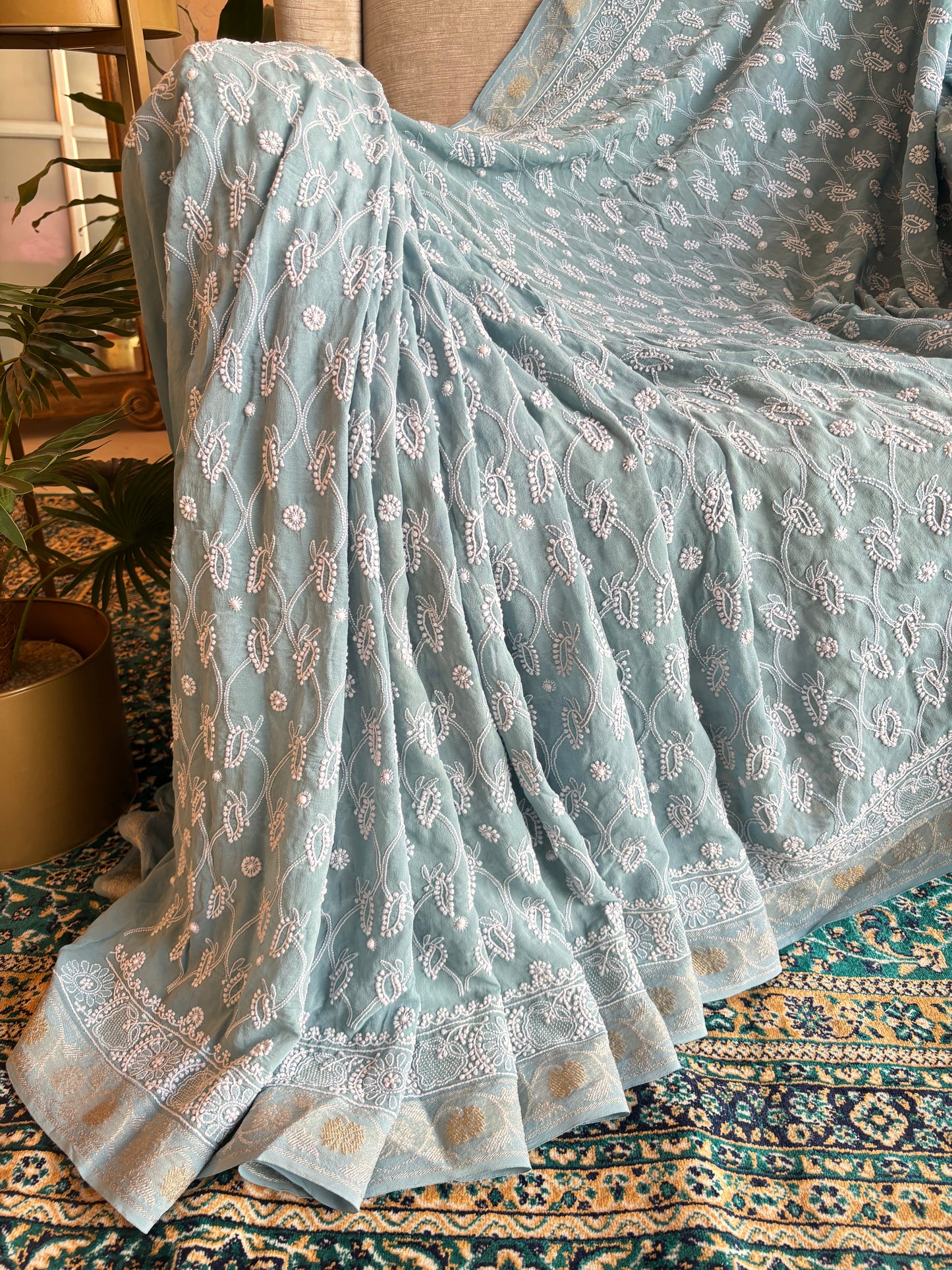 Blue Pure Georgette Chikankari Saree and Blouse