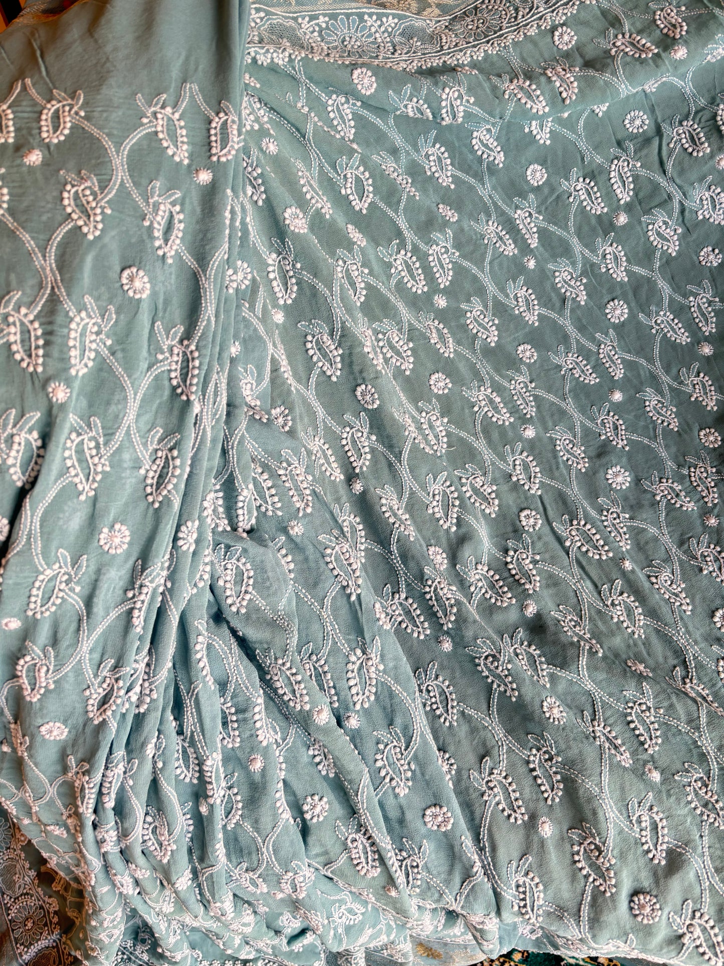 Blue Pure Georgette Chikankari Saree and Blouse