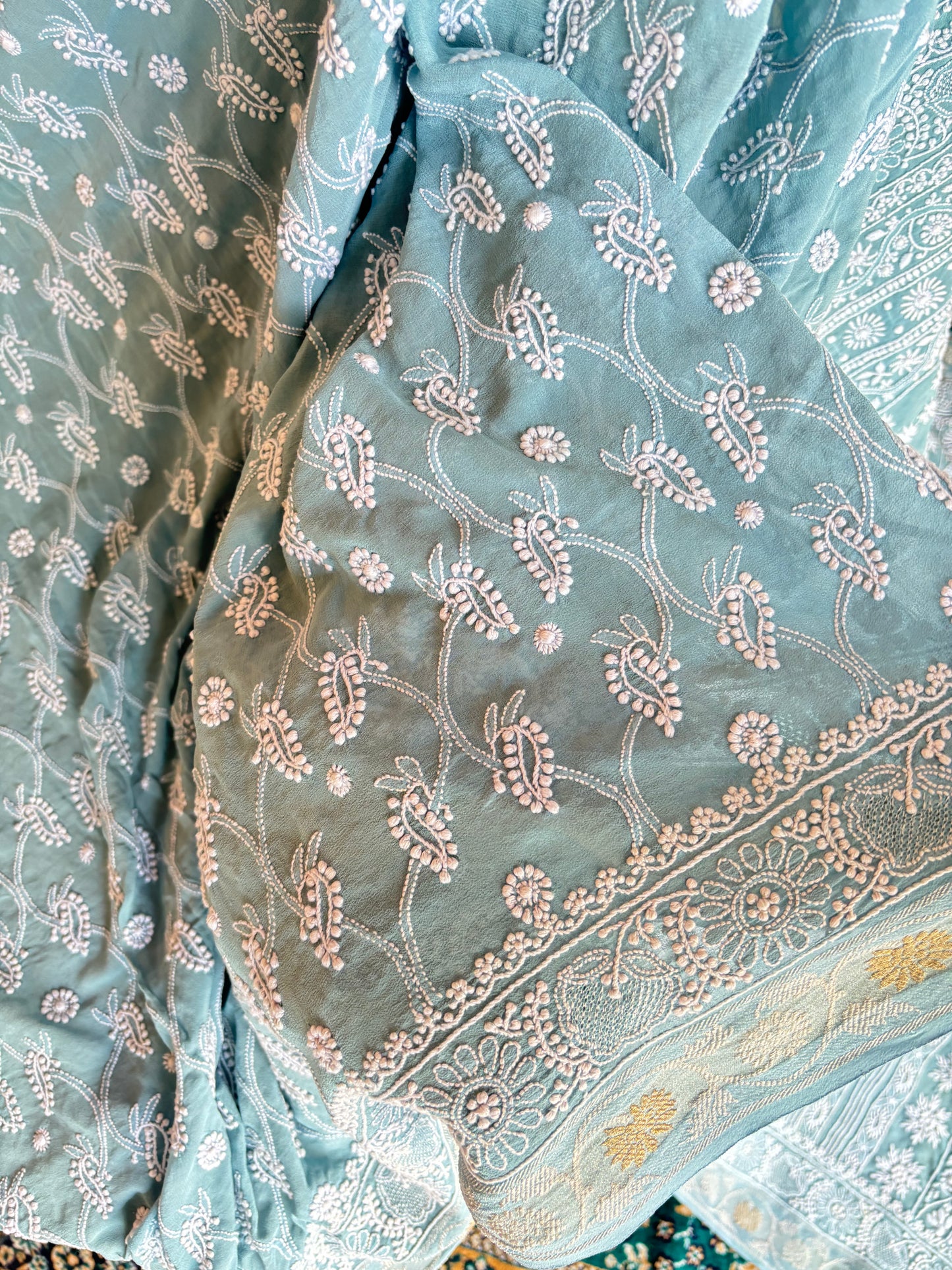 Blue Pure Georgette Chikankari Saree and Blouse