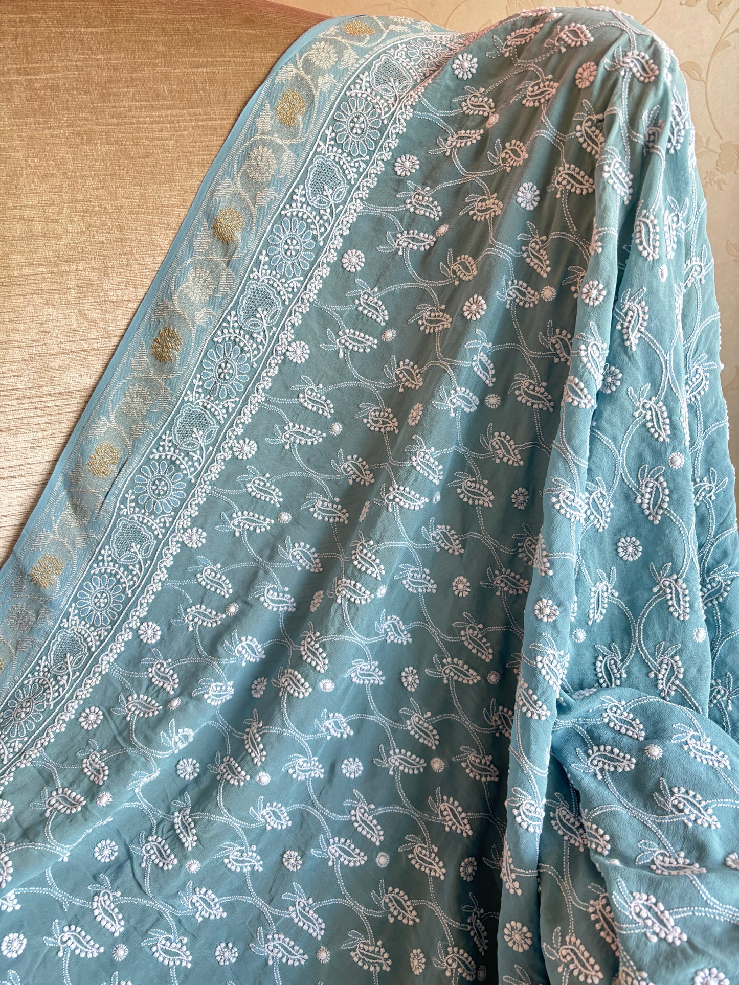 Blue Pure Georgette Chikankari Saree and Blouse