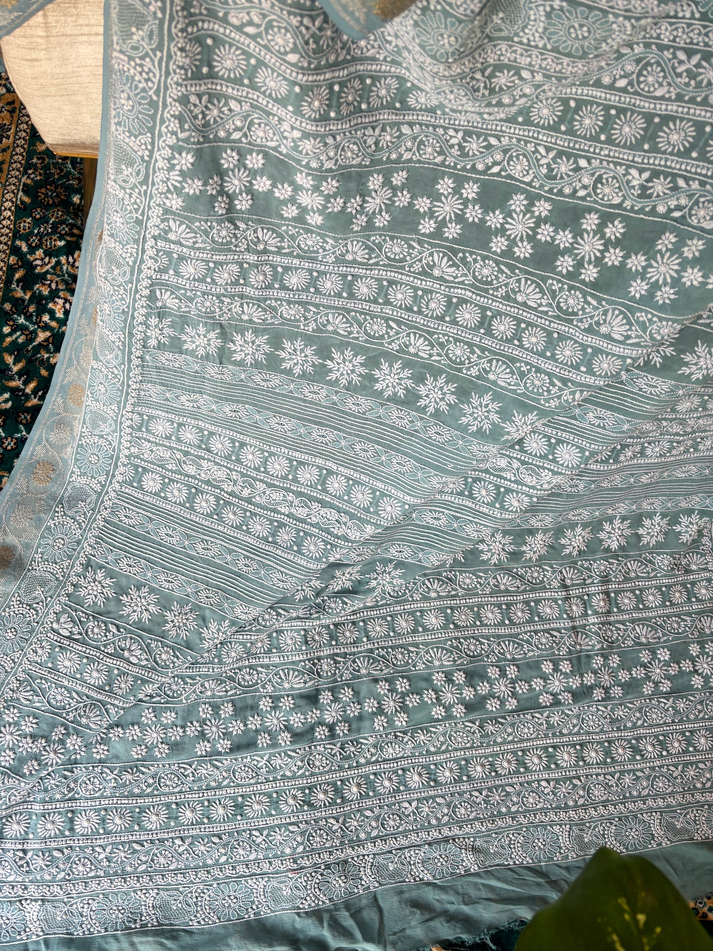 Blue Pure Georgette Chikankari Saree and Blouse