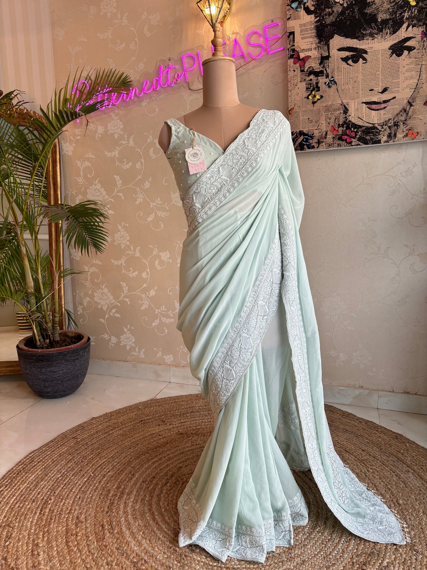 Sage Green Pure Georgette Chikankari Saree