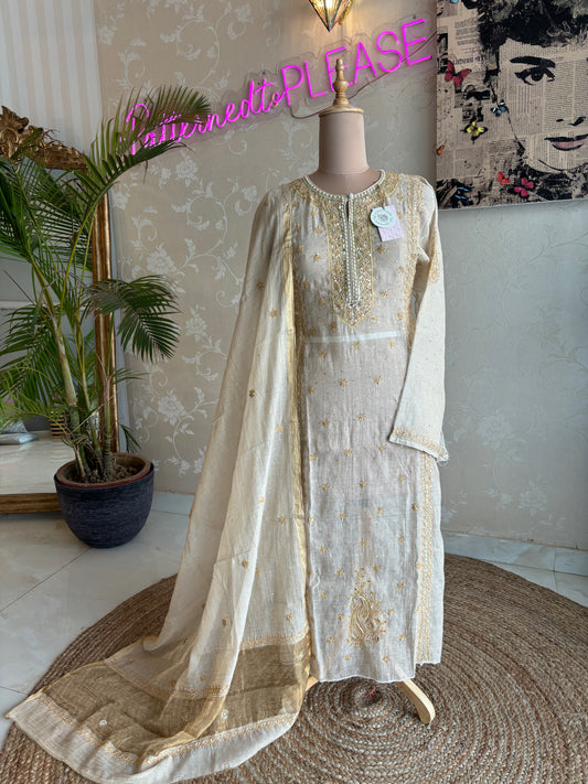 Golden Pure Tissue Chikankari Kurta and Dupatta