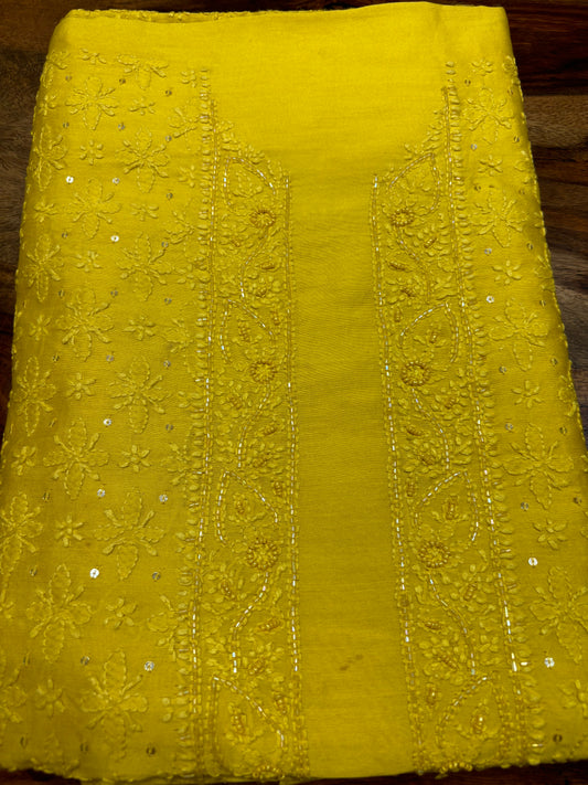 Yellow Chanderi Silk Chikankari Men's Kurta Fabric