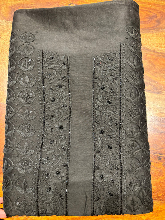 Black Chanderi Silk Chikankari Men's Kurta Fabric