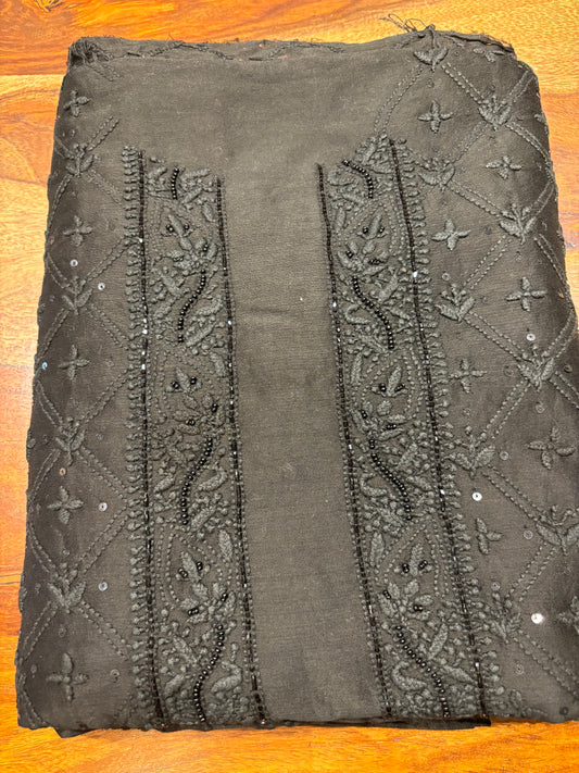 Black Chanderi Silk Chikankari Men's Kurta Fabric