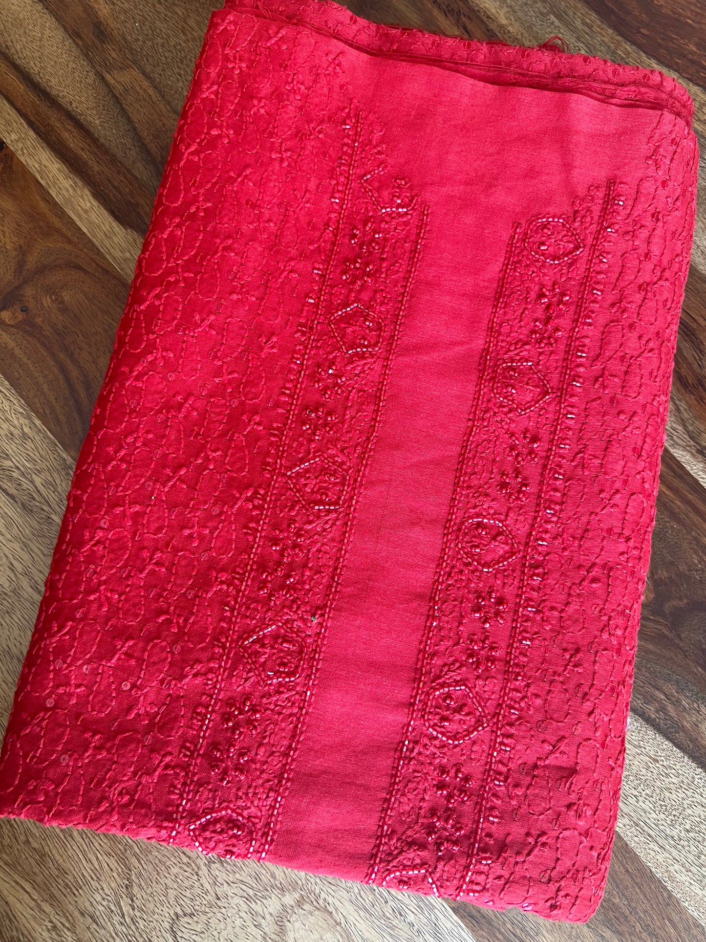 Red Chanderi Silk Chikankari Men's Kurta Fabric