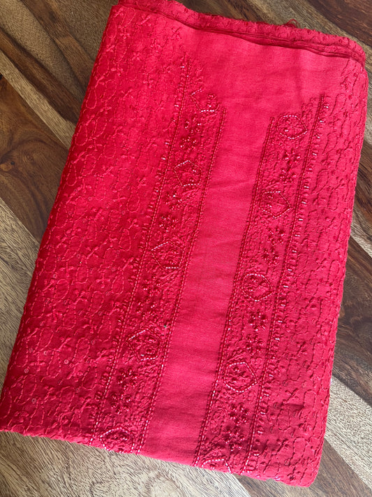 Red Chanderi Silk Chikankari Men's Kurta Fabric