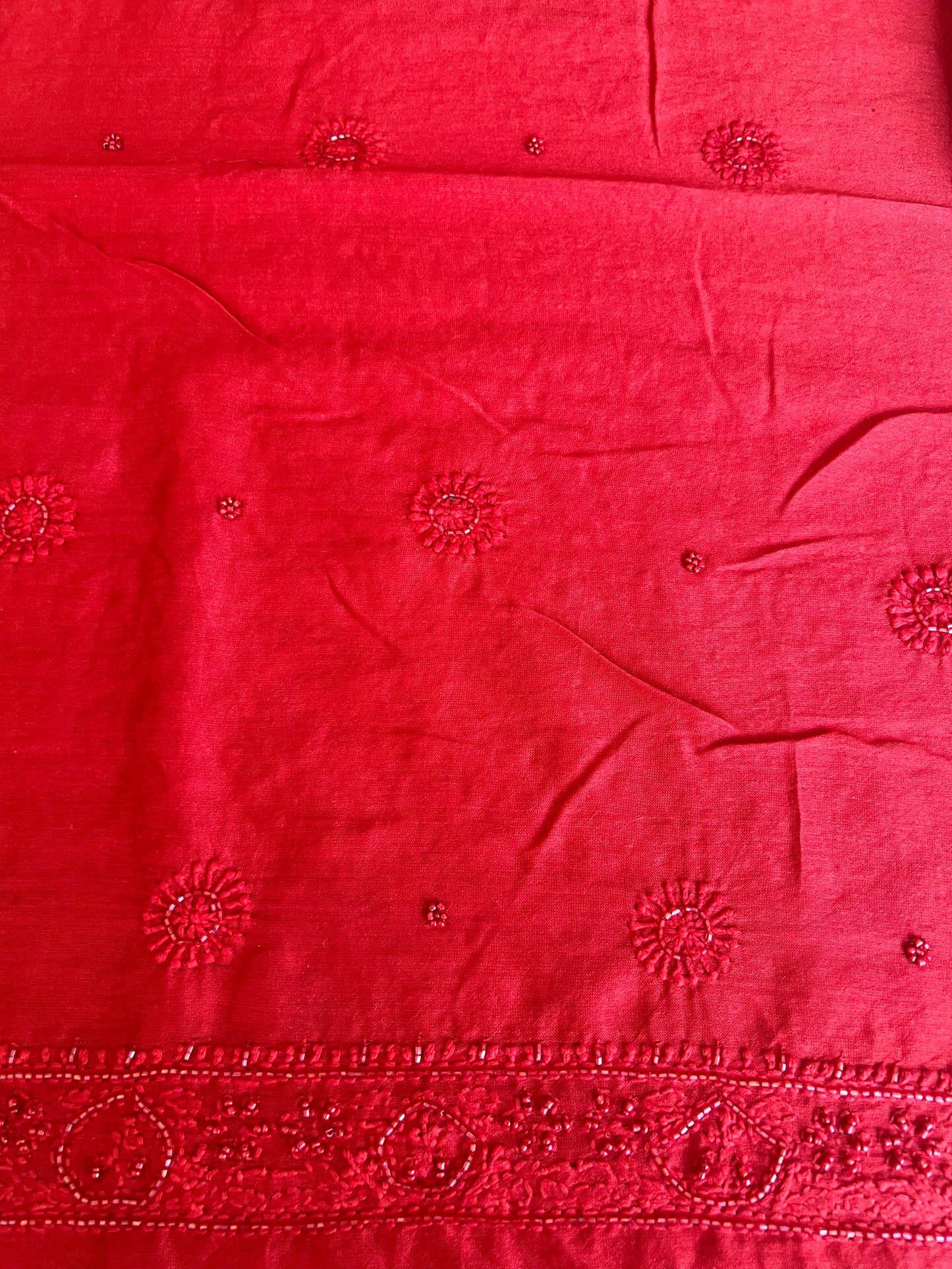 Red Chanderi Silk Chikankari Men's Kurta Fabric