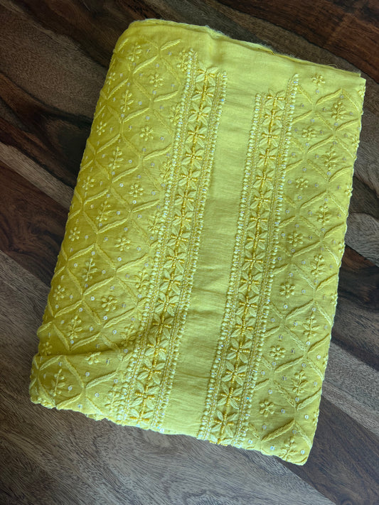 Yellow Chanderi Silk Chikankari Men's Kurta Fabric