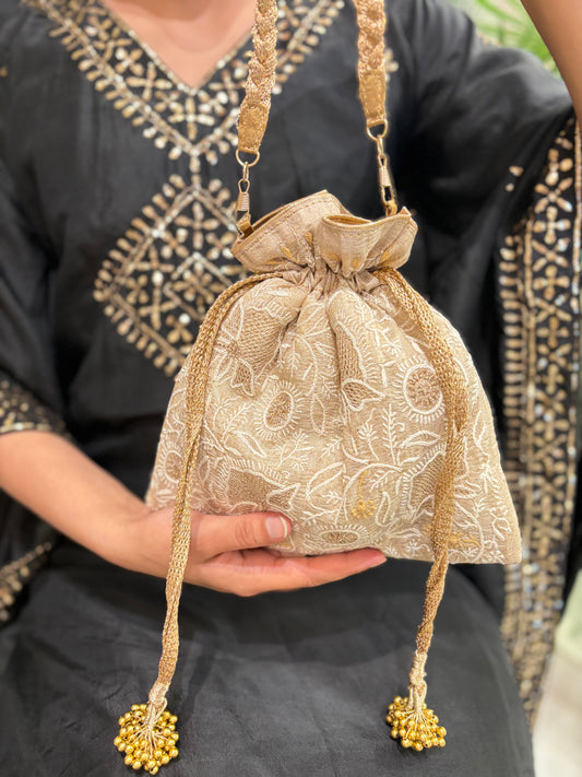 Beige Silk Chikankari Potli