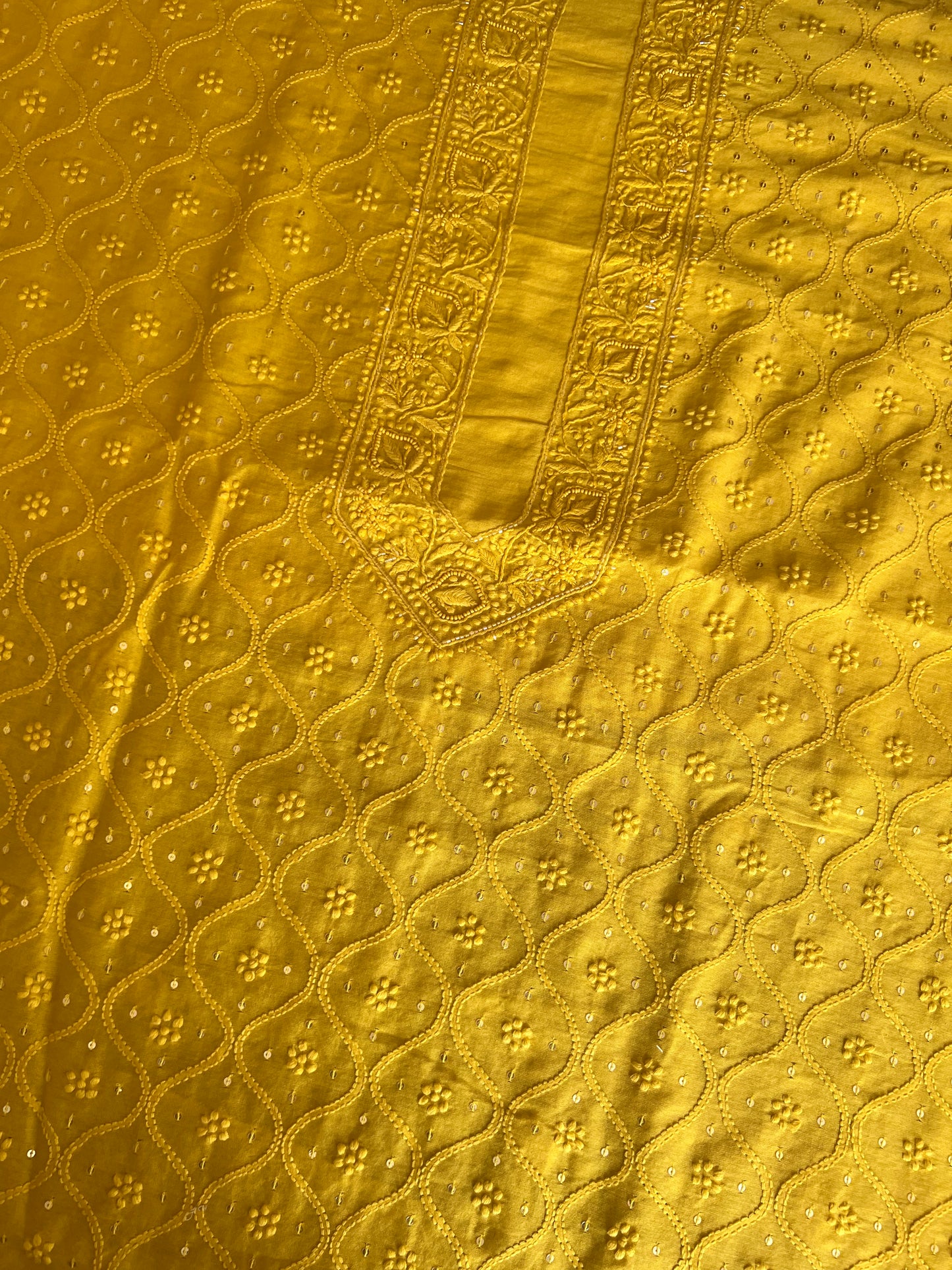 Yellow Chanderi Silk Chikankari Men's Kurta Fabric