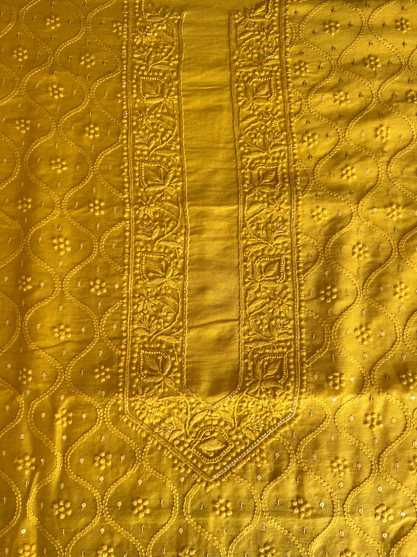 Yellow Chanderi Silk Chikankari Men's Kurta Fabric