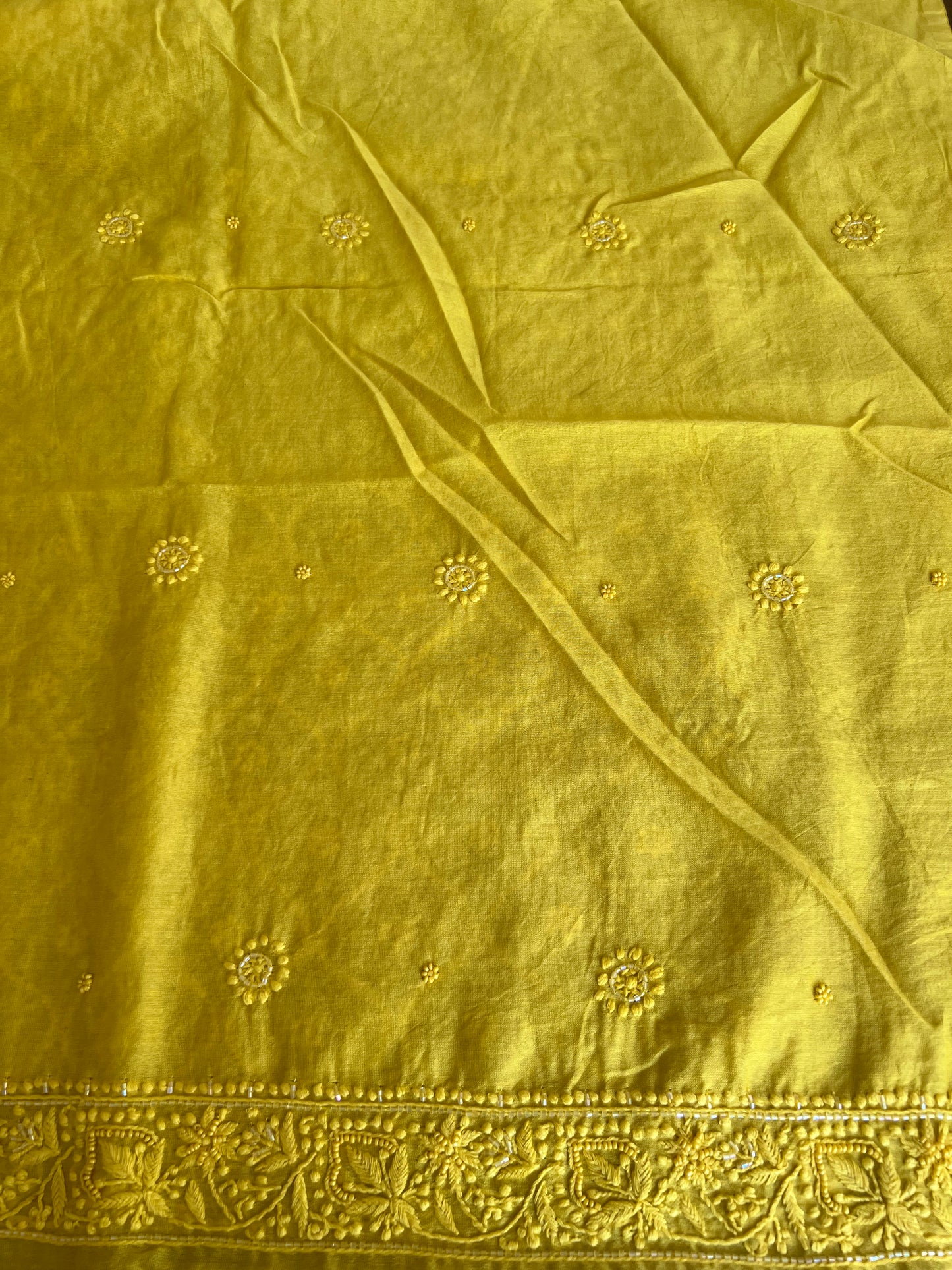 Yellow Chanderi Silk Chikankari Men's Kurta Fabric