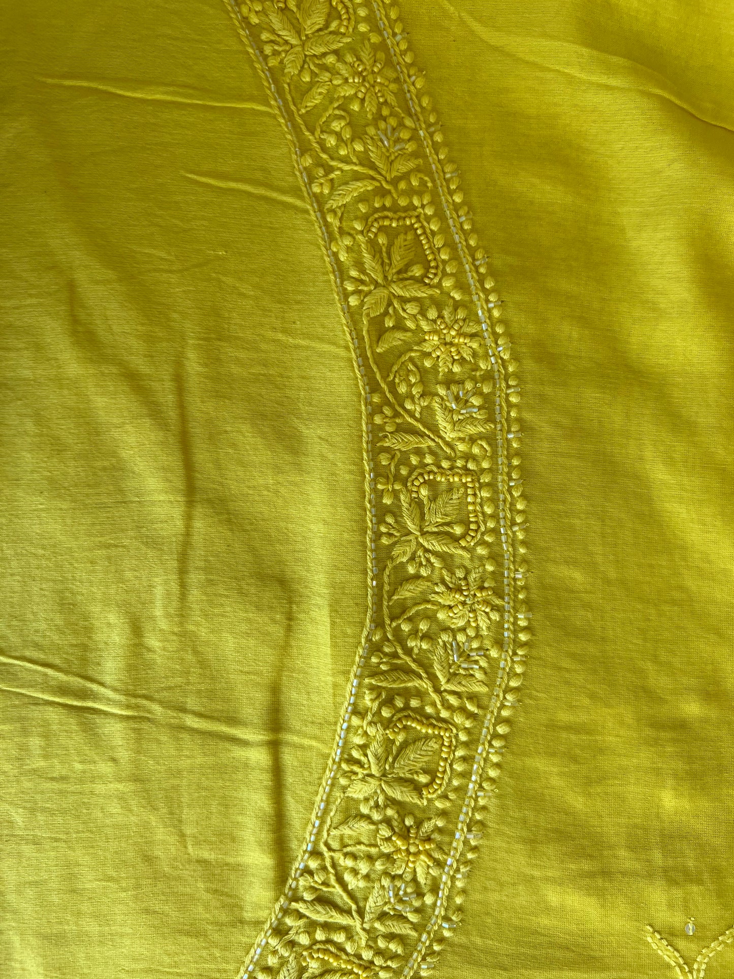 Yellow Chanderi Silk Chikankari Men's Kurta Fabric