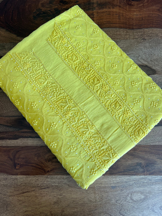 Yellow Chanderi Silk Chikankari Men's Kurta Fabric