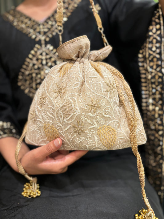 Beige Silk Chikankari Potli