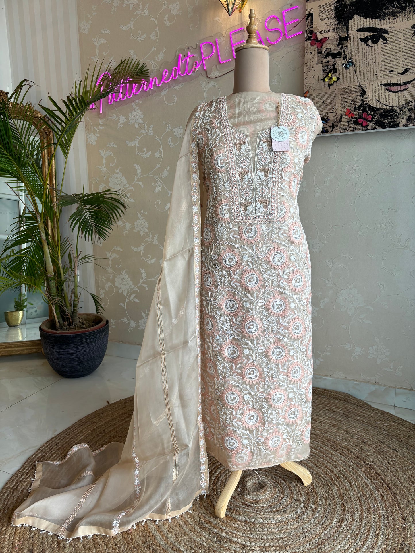 Hazelnut Organza Chikankari Kurta and Dupatta Fabric