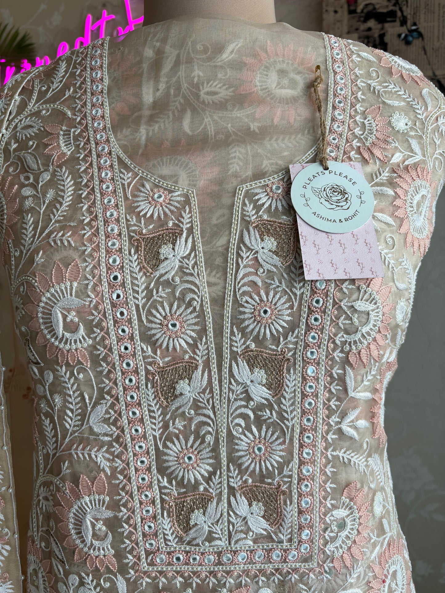 Hazelnut Organza Chikankari Kurta and Dupatta Fabric