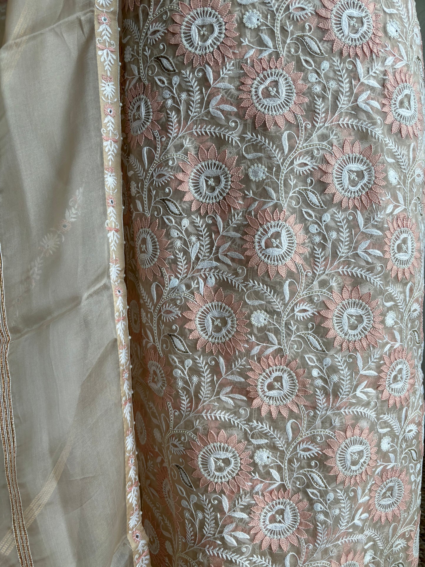 Hazelnut Organza Chikankari Kurta and Dupatta Fabric