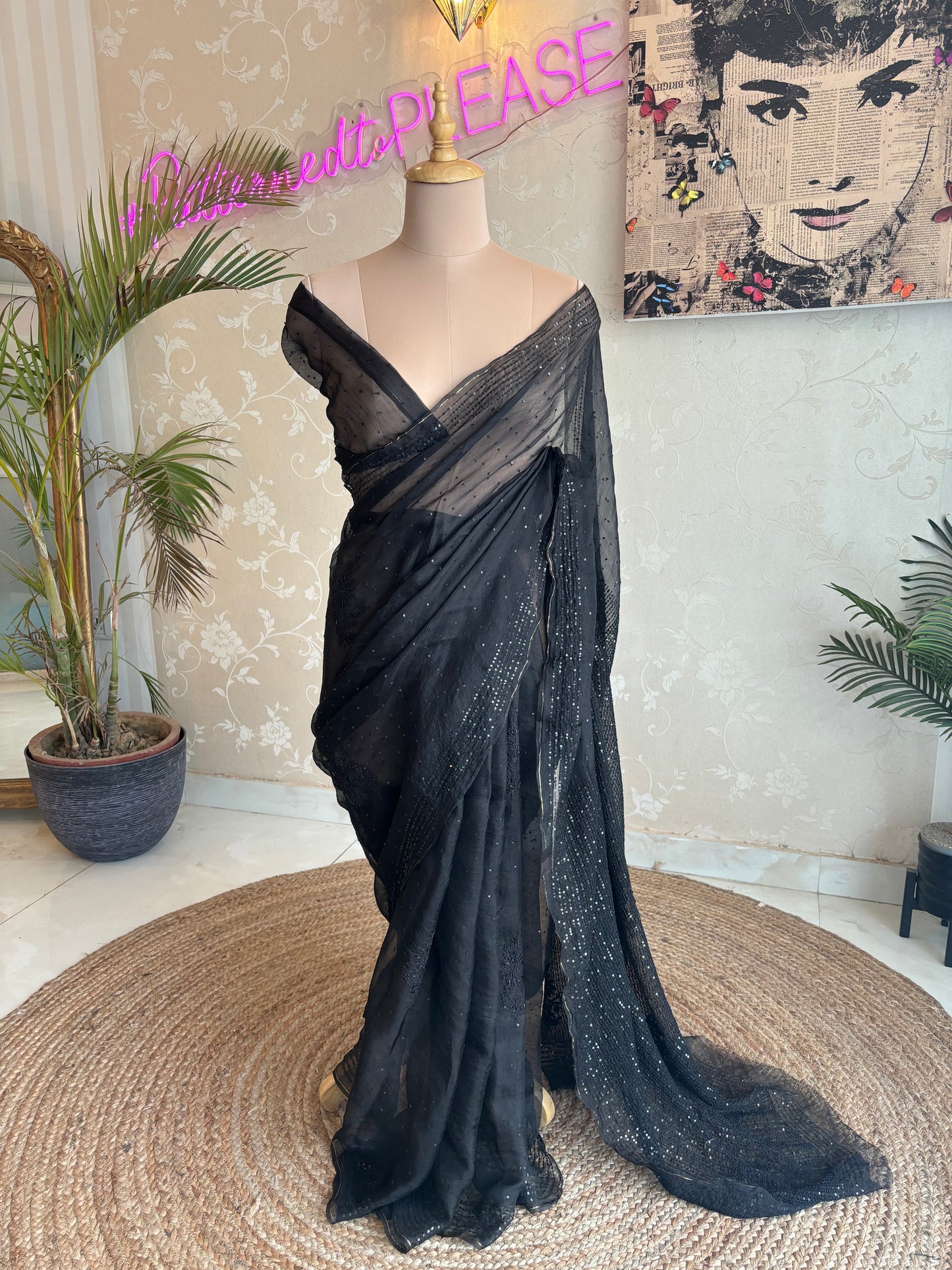 Black Organza Chikankari Saree