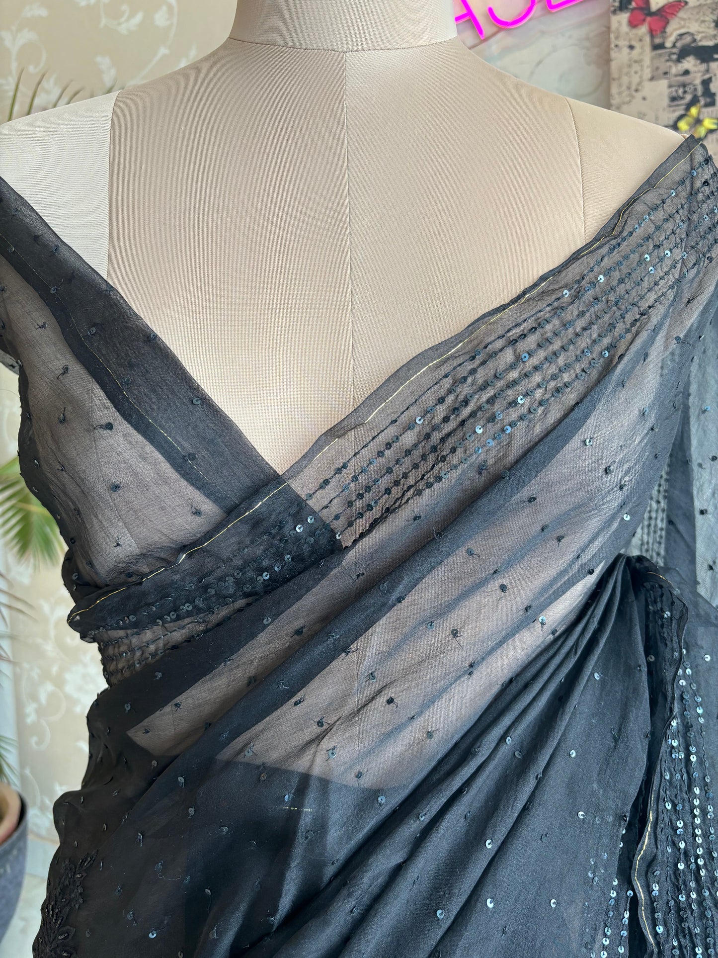 Black Organza Chikankari Saree