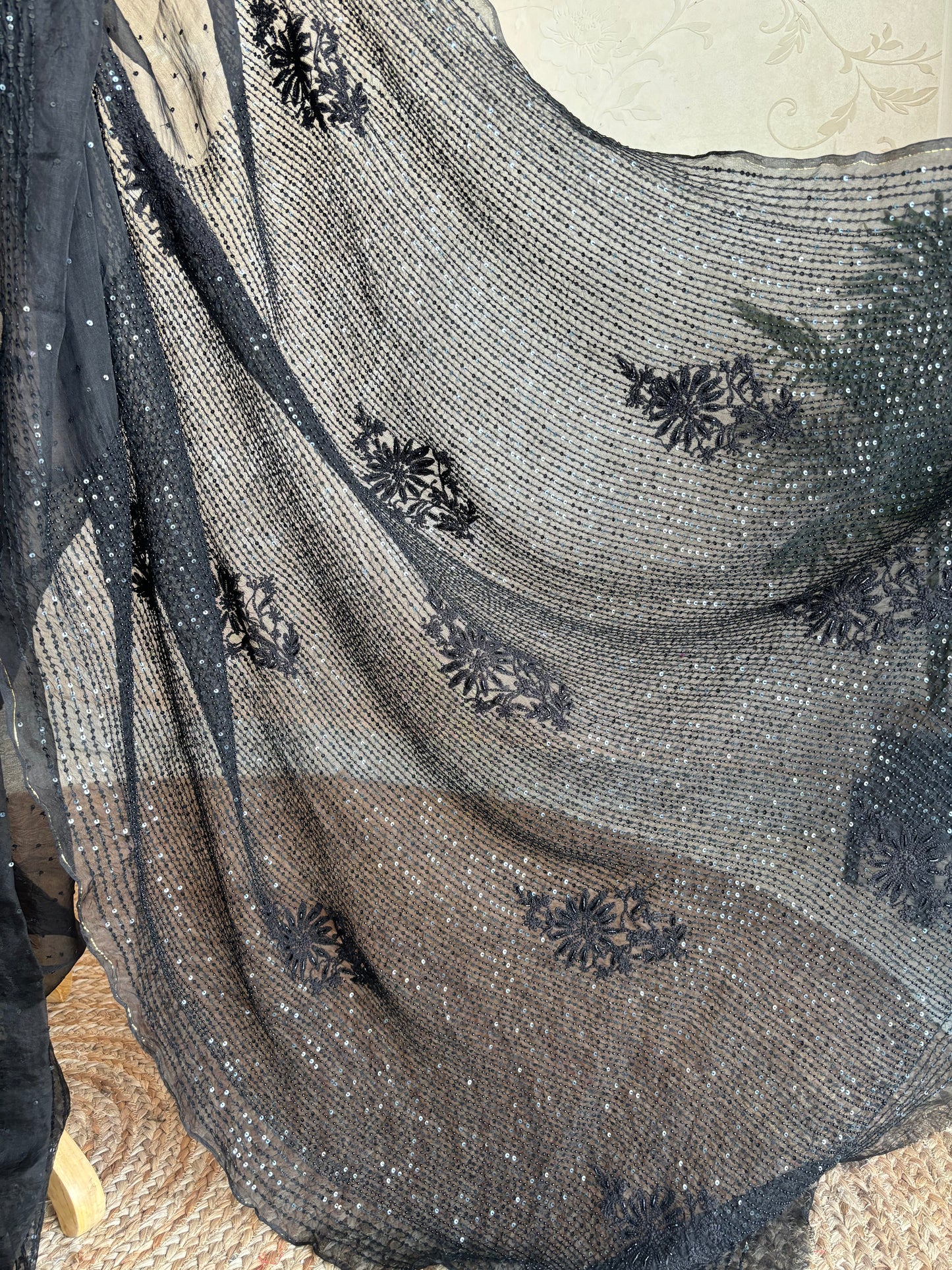 Black Organza Chikankari Saree