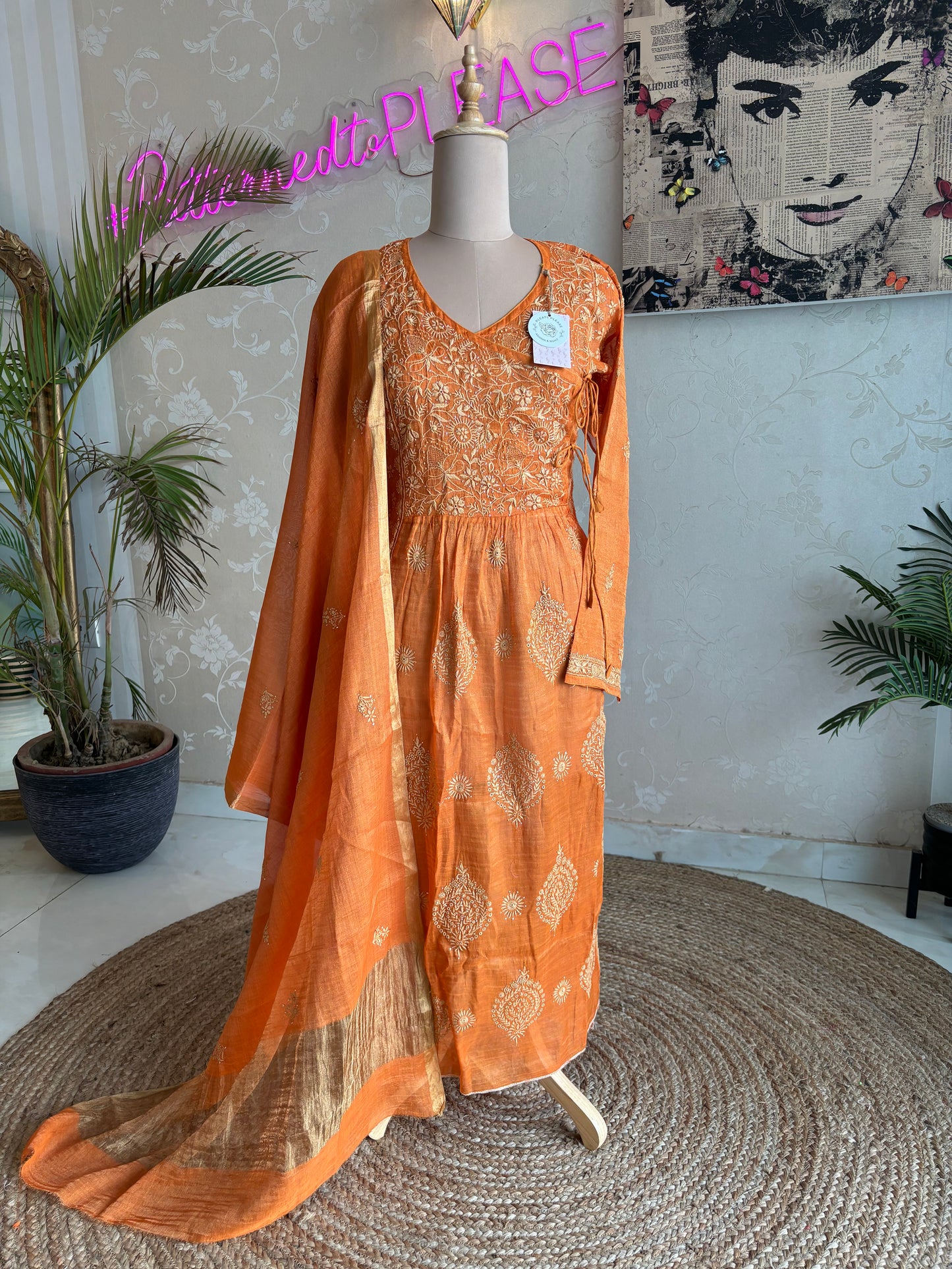 Burnt Orange Pure Tissue Chikankari Angrakha and Dupatta