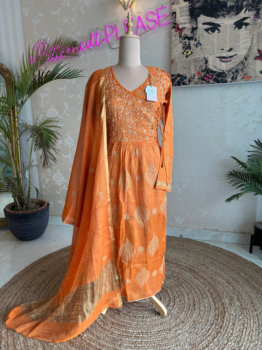 Burnt Orange Pure Tissue Chikankari Angrakha and Dupatta