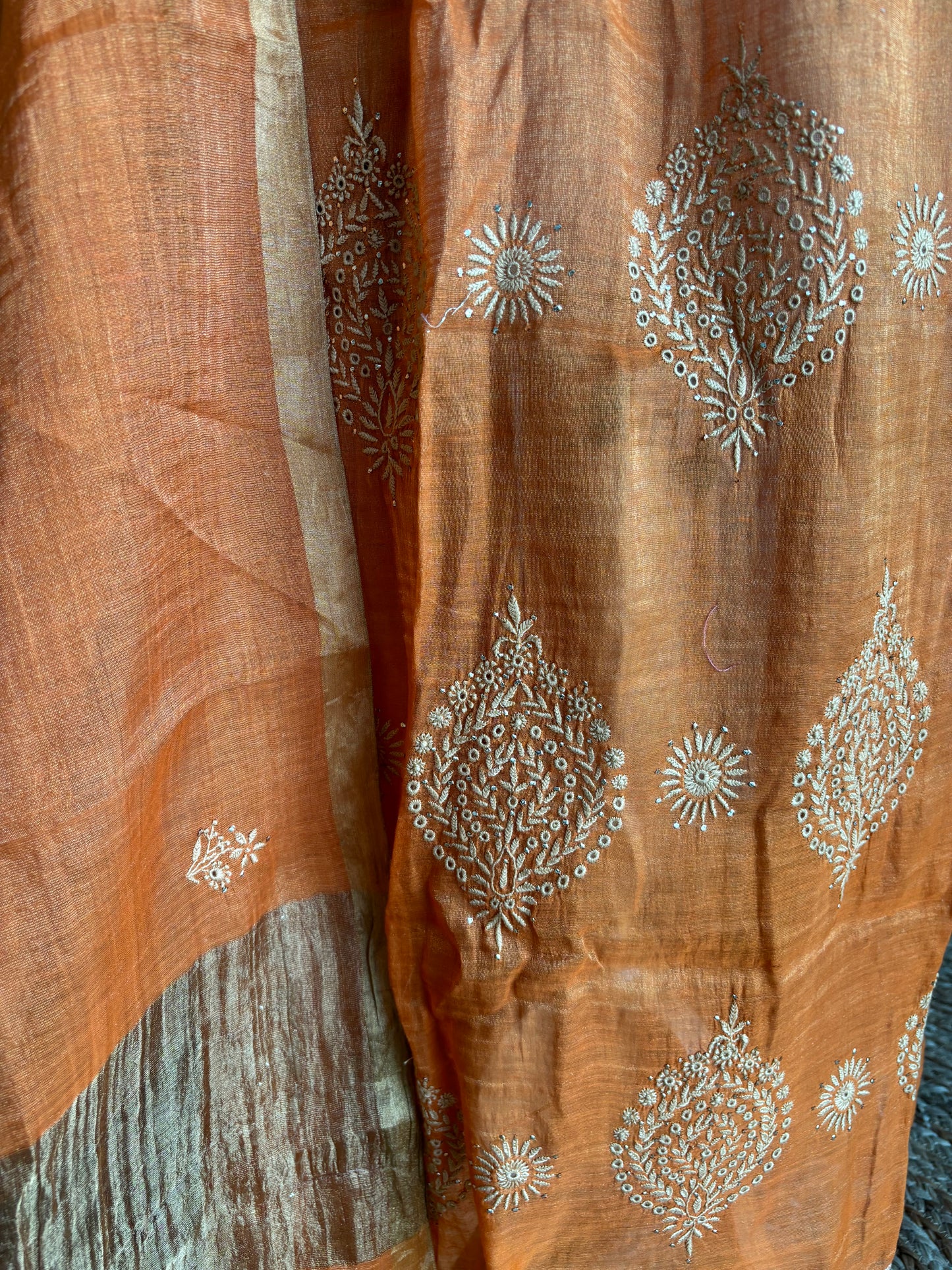 Burnt Orange Pure Tissue Chikankari Angrakha and Dupatta