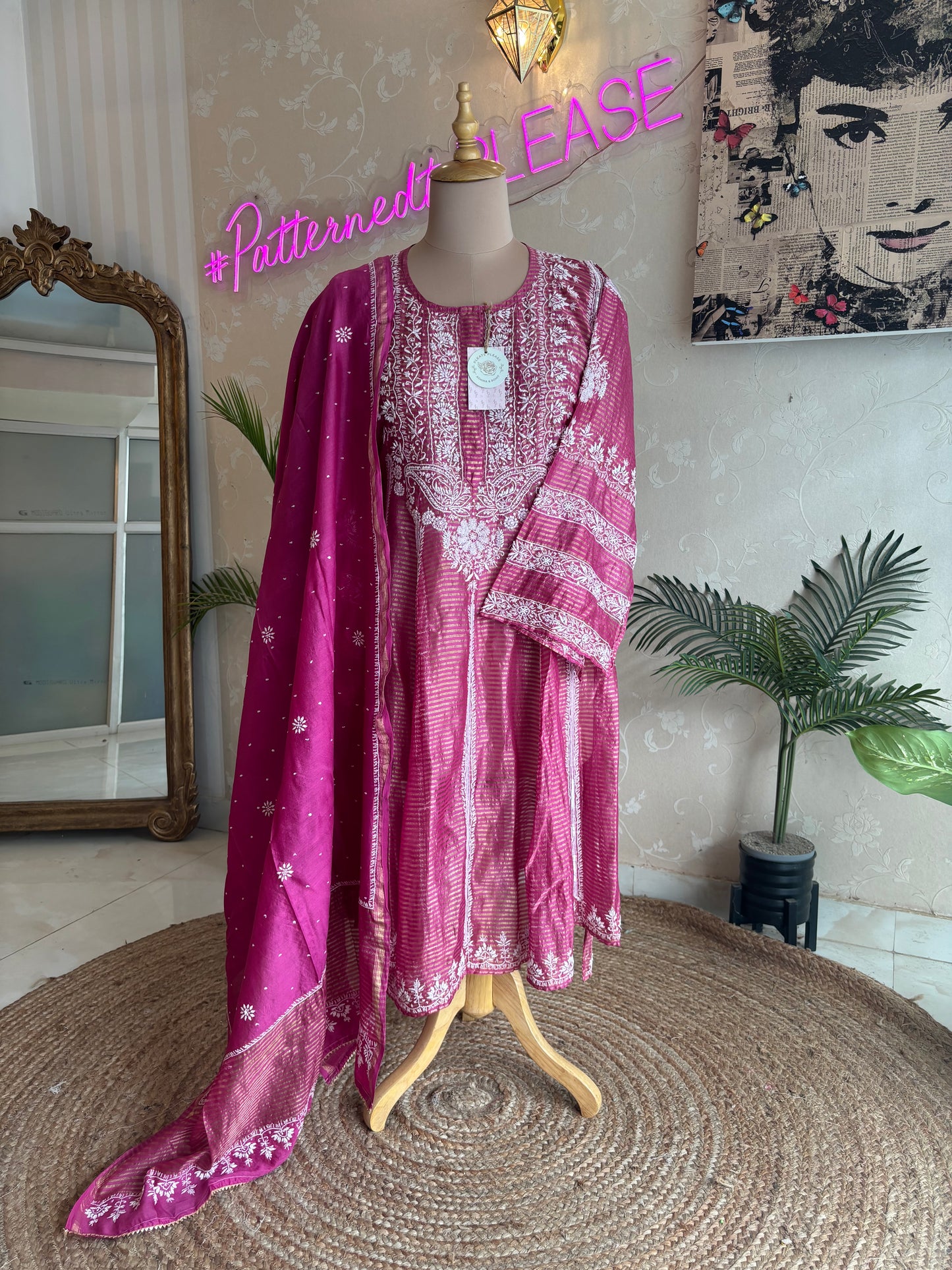 Fuchsia Pink Chanderi Banarsi Chikankari Anarkali Kurta and Dupatta