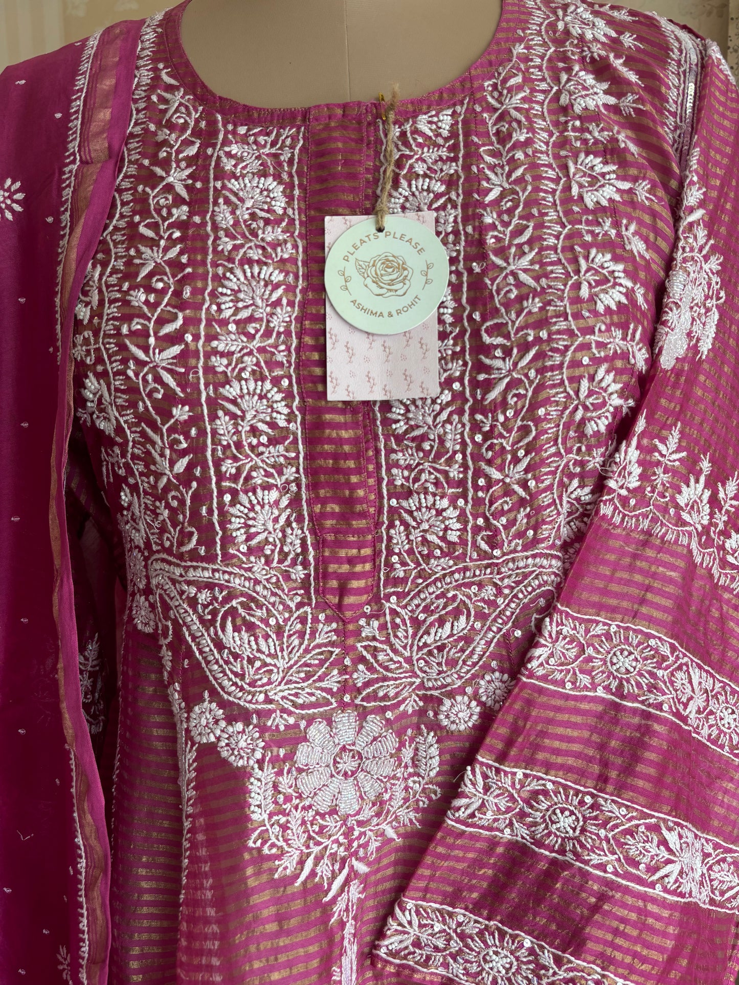 Fuchsia Pink Chanderi Banarsi Chikankari Anarkali Kurta and Dupatta