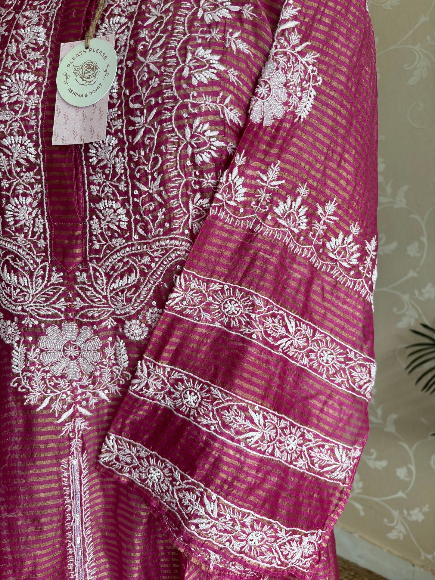 Fuchsia Pink Chanderi Banarsi Chikankari Anarkali Kurta and Dupatta