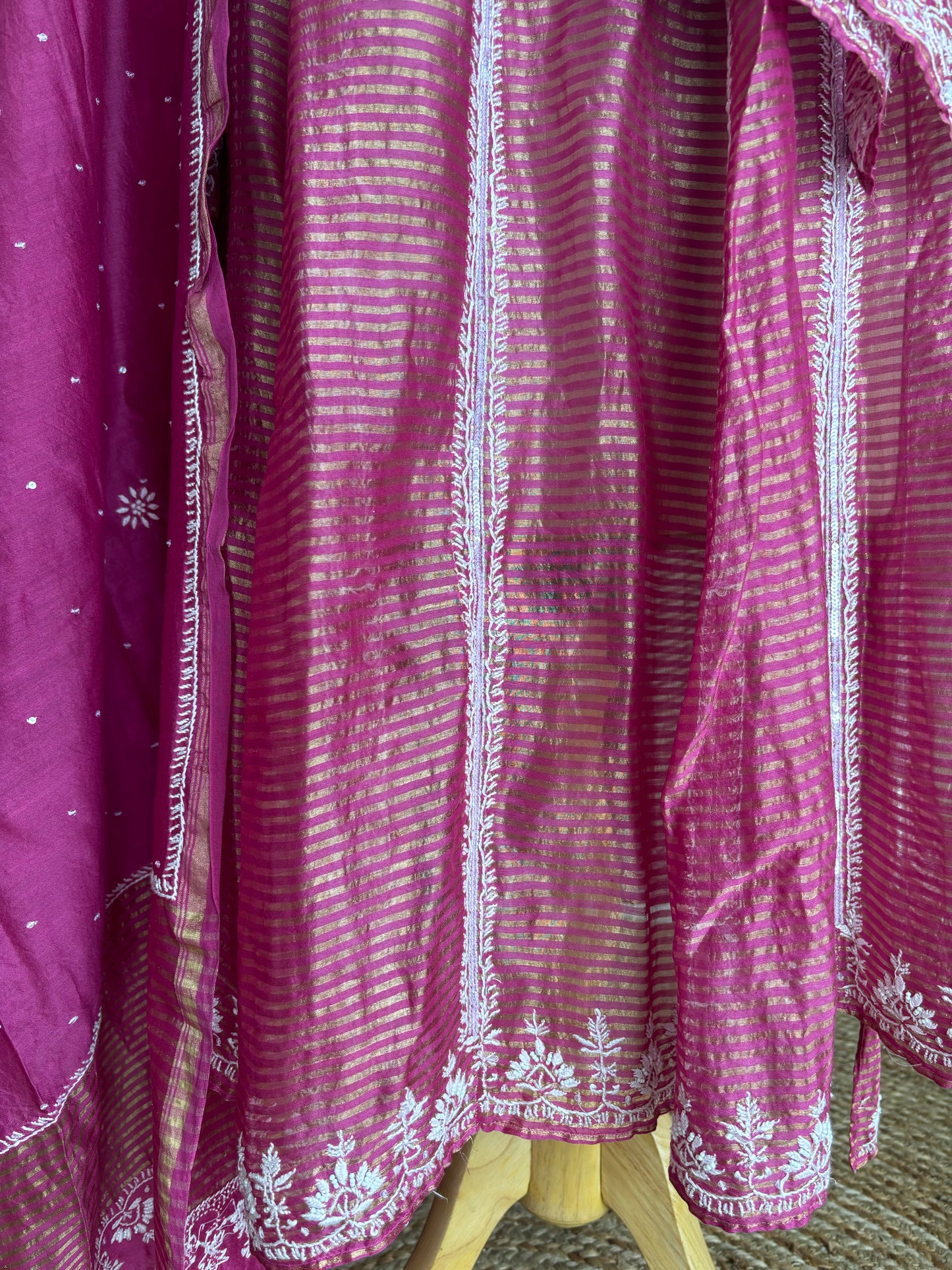 Fuchsia Pink Chanderi Banarsi Chikankari Anarkali Kurta and Dupatta