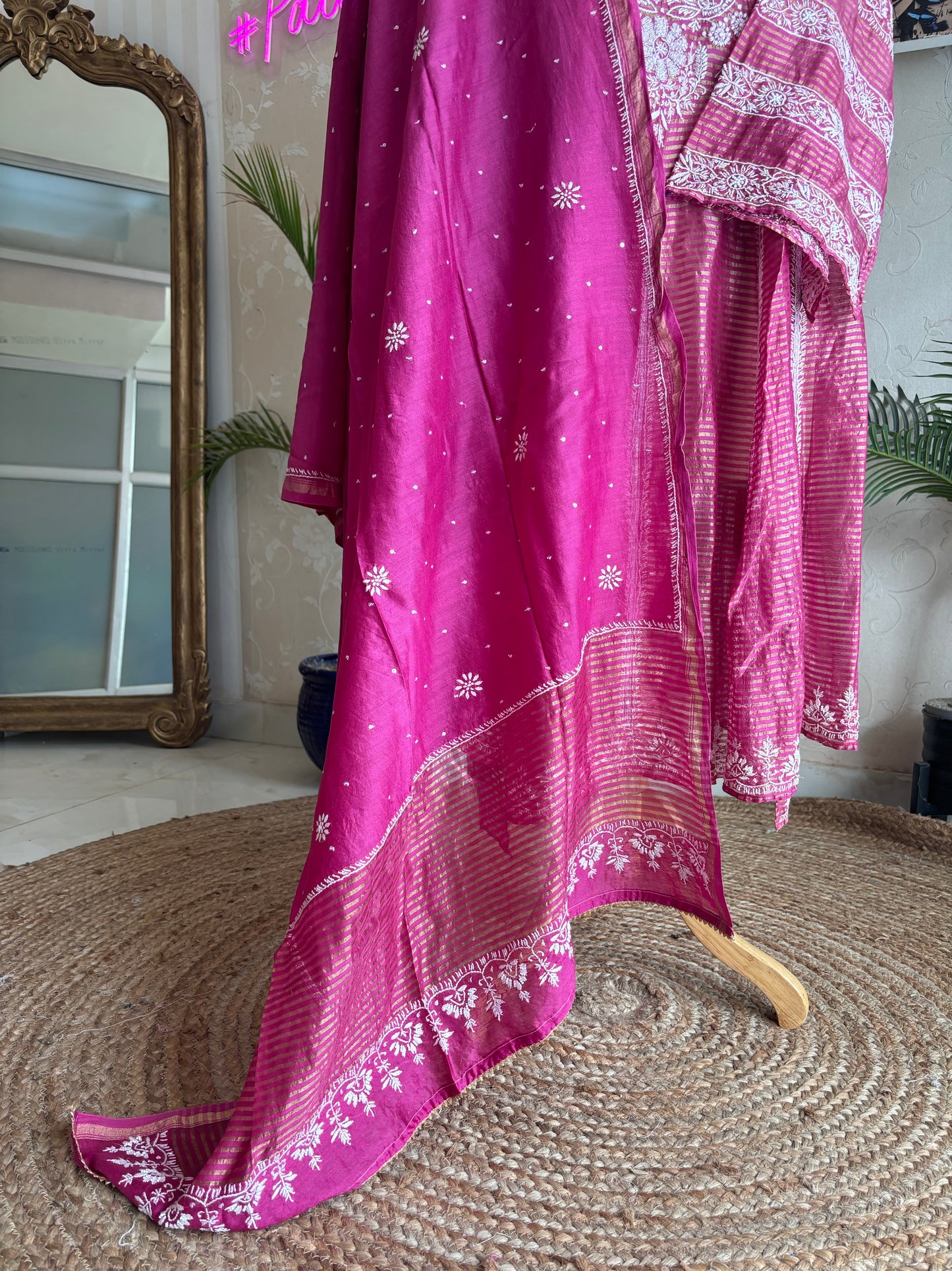 Fuchsia Pink Chanderi Banarsi Chikankari Anarkali Kurta and Dupatta