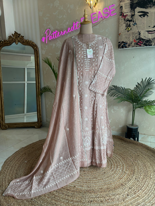 Latte Chanderi Mul Chikankari Anarkali and Dupatta