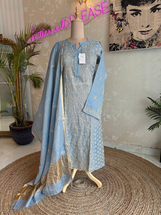 Blue Pure Tissue Chikankari Kurta and Dupatta