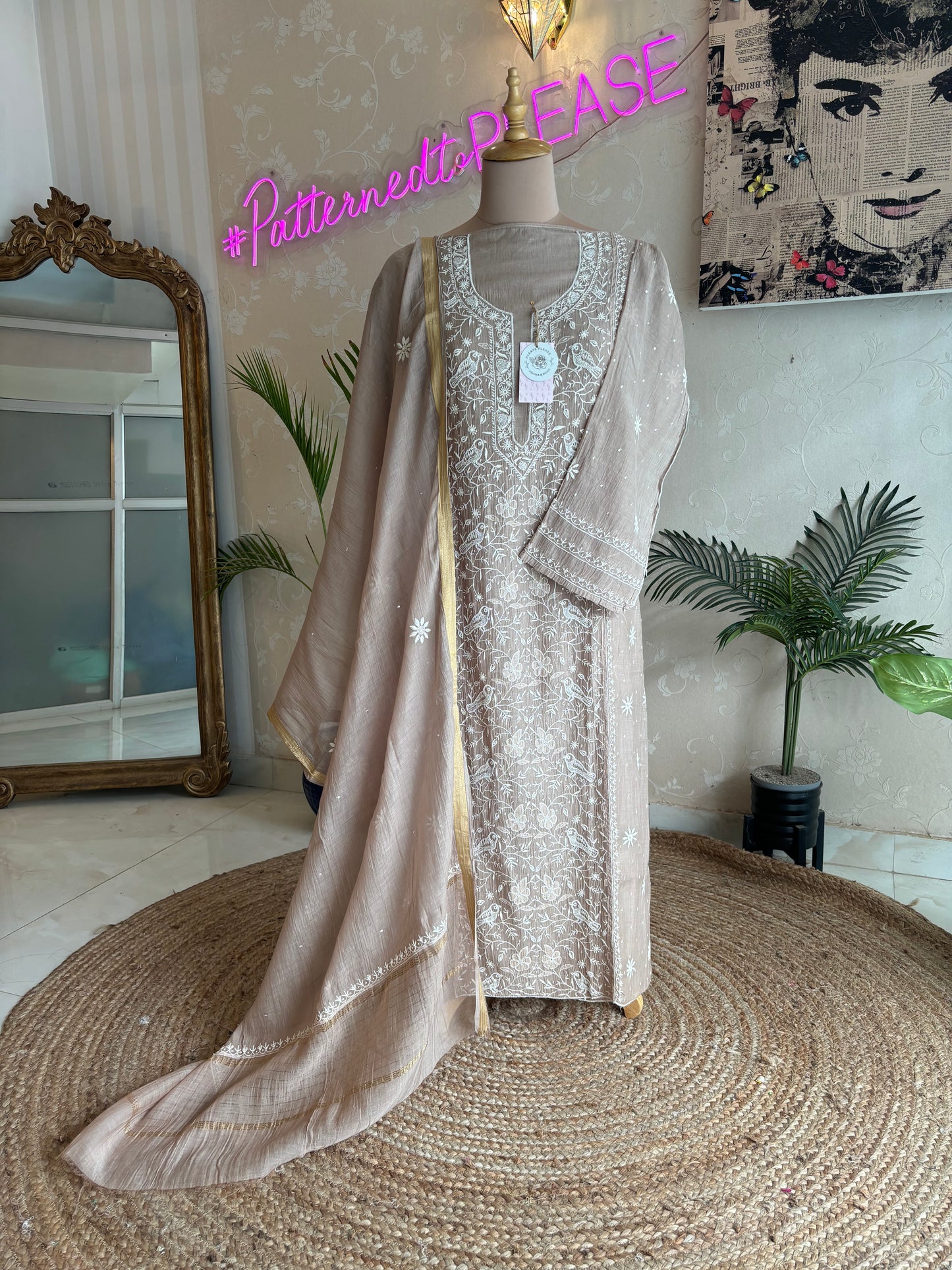 Hazel Brown Chanderi Mul Chikankari Kurta and Dupatta