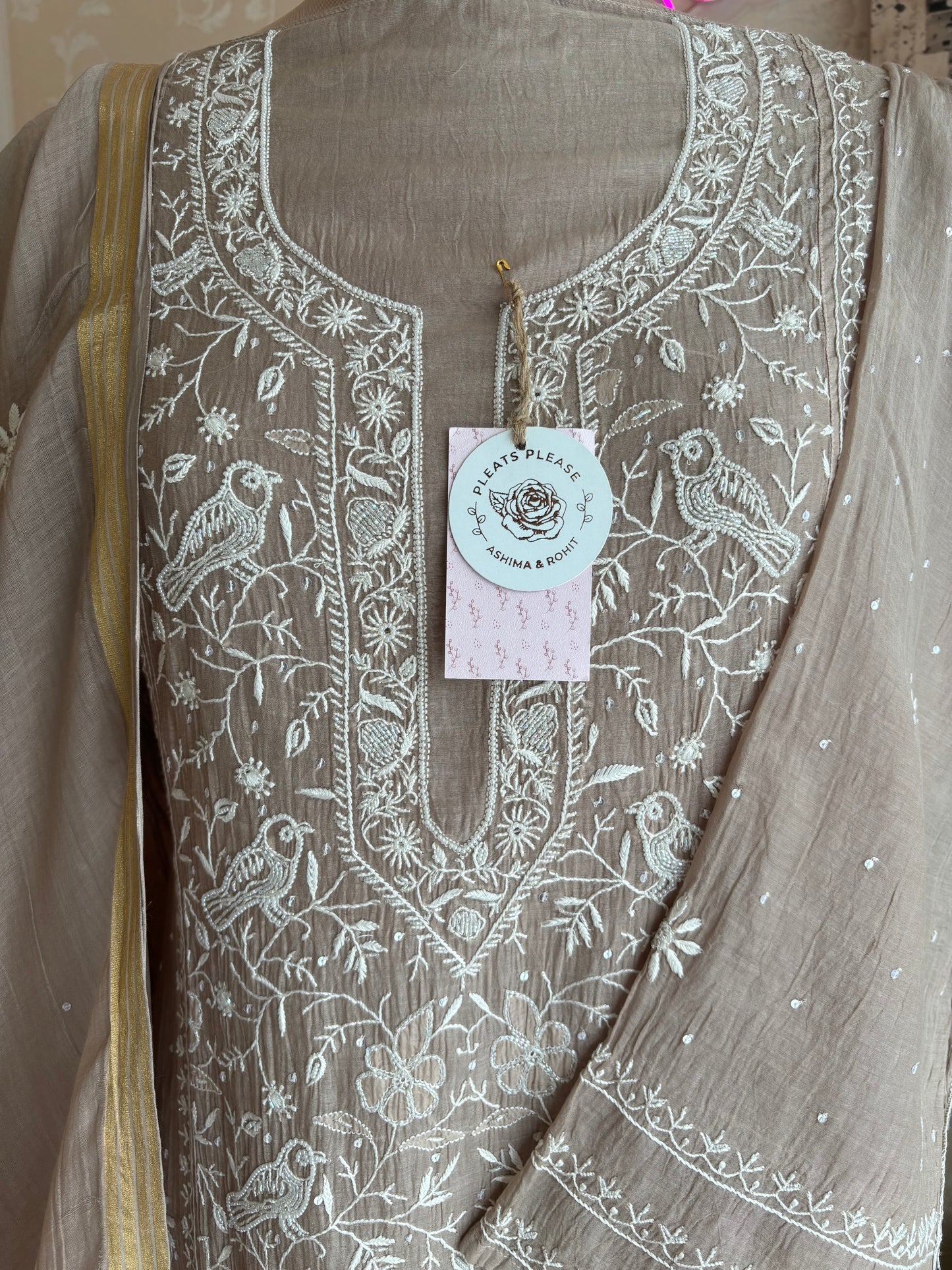 Hazel Brown Chanderi Mul Chikankari Kurta and Dupatta