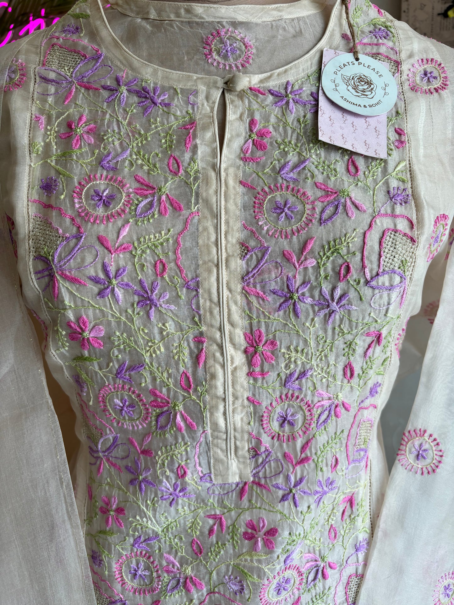 Nude Organza Chikankari Kurta and Dupatta