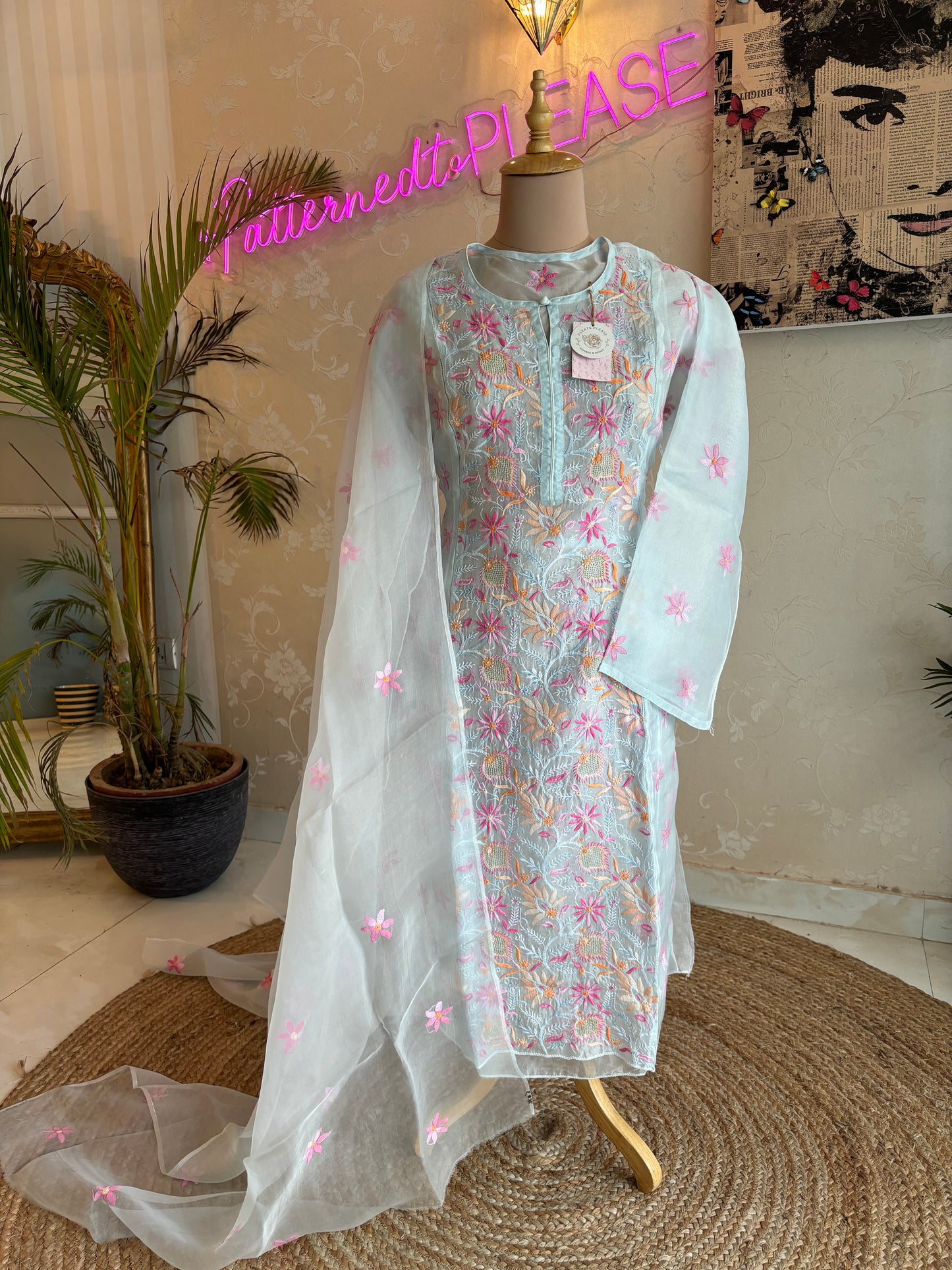 Powder Blue Organza Chikankari Kurta and Dupatta