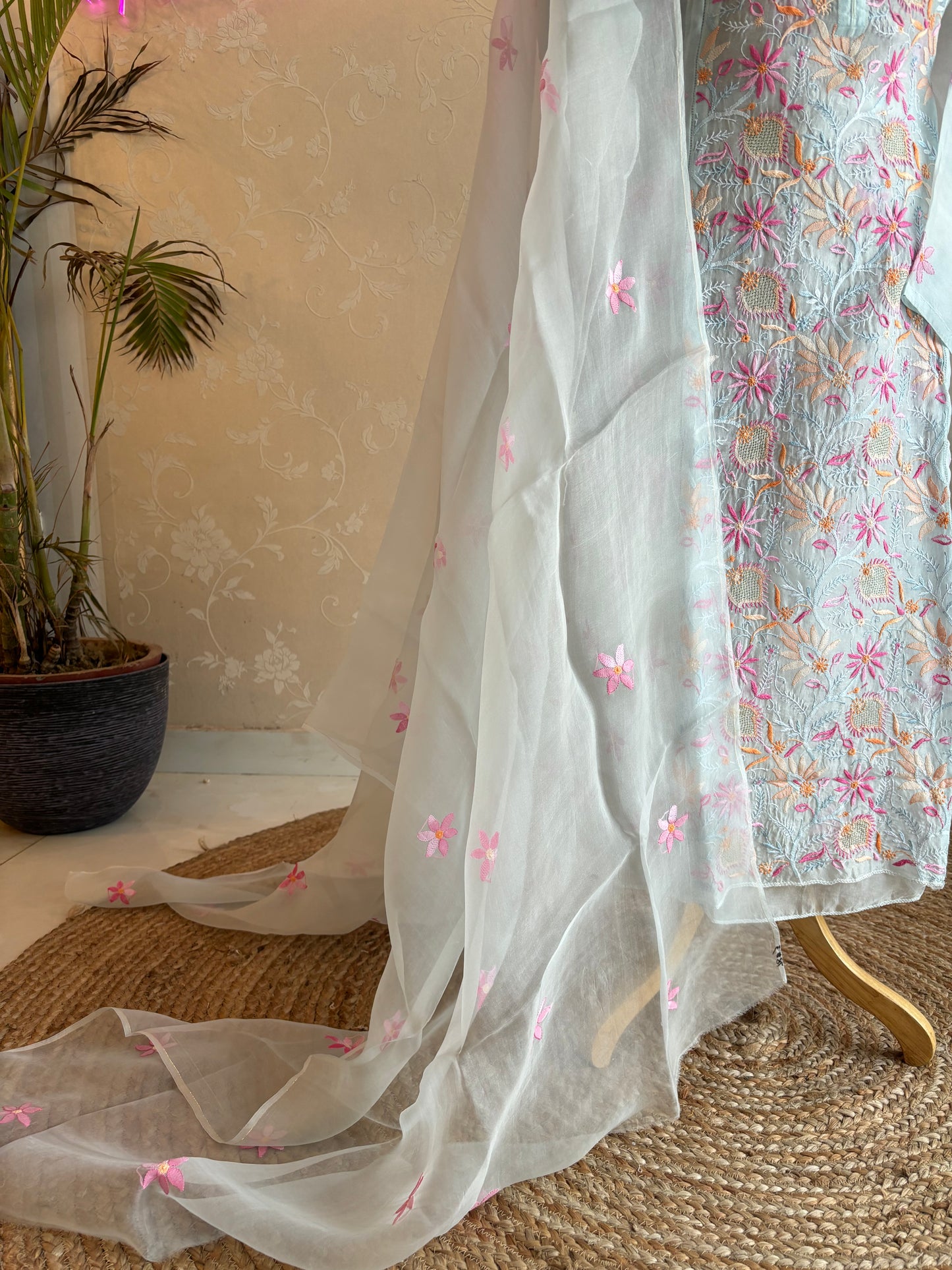 Powder Blue Organza Chikankari Kurta and Dupatta