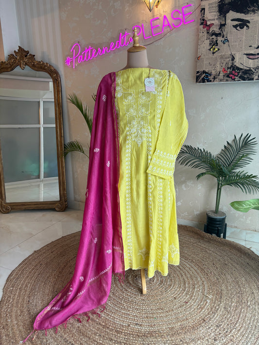 Lime Green and Magenta Chanderi Mul Chikankari Anarkali and Dupatta