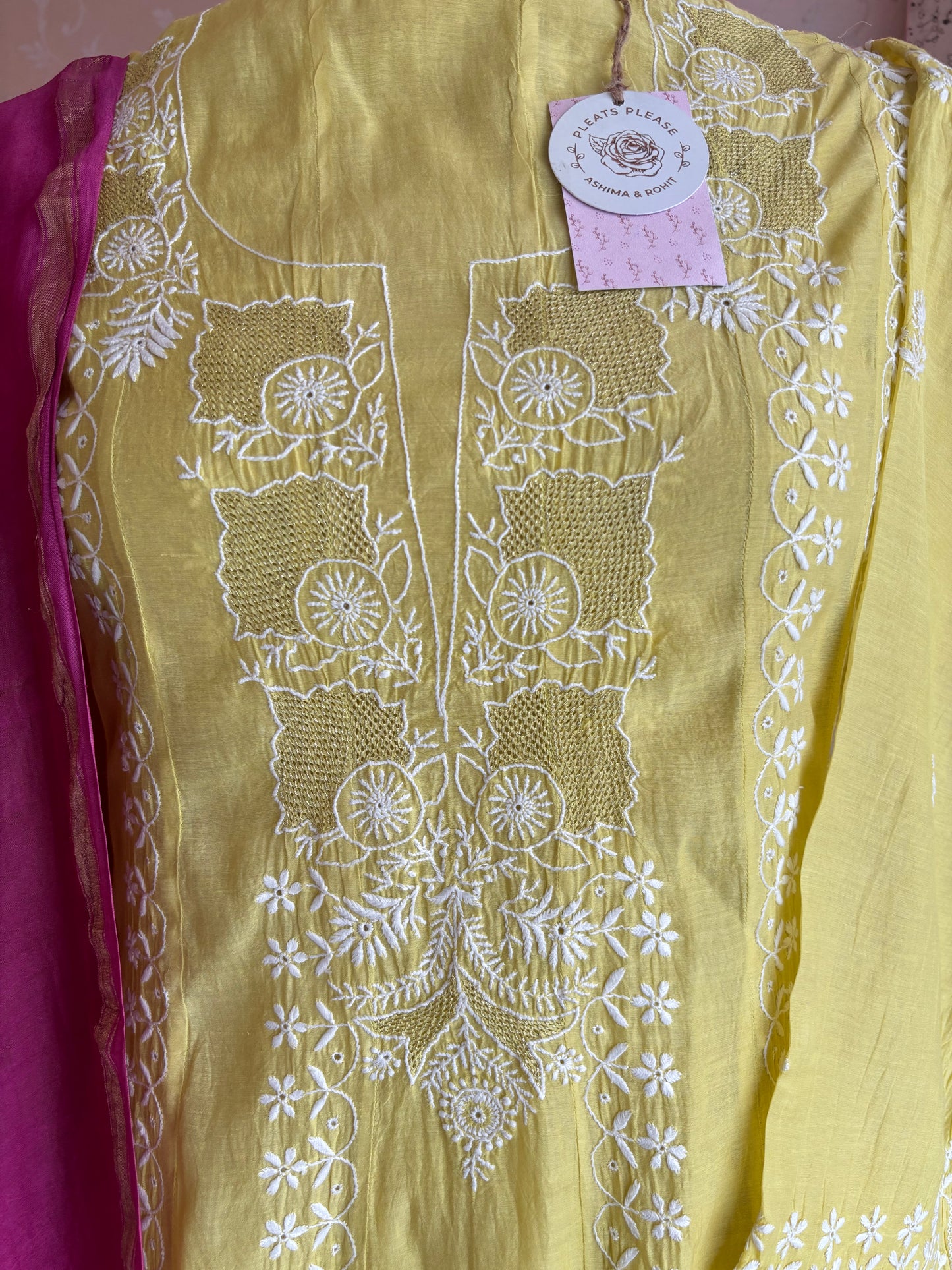 Lime Green and Magenta Chanderi Mul Chikankari Anarkali and Dupatta